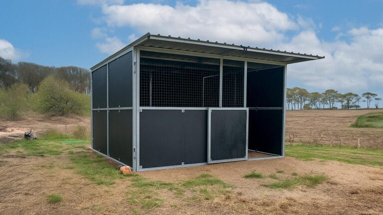 Rural metal shed in open countryside landscape.