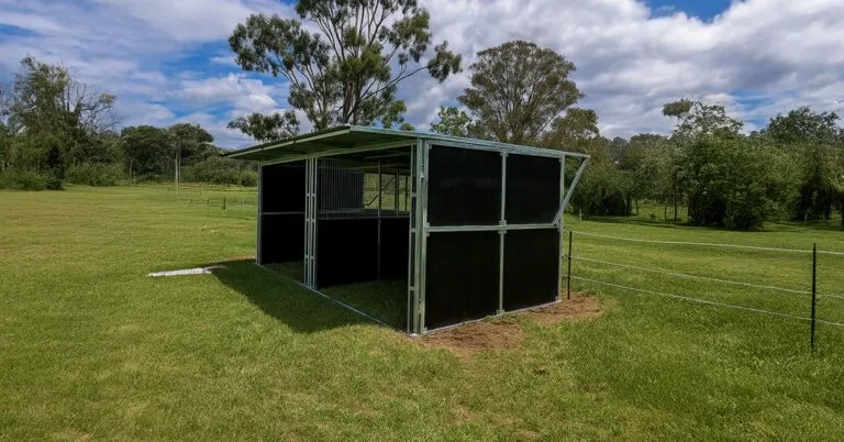 Shelter structure in a grassy field under trees.