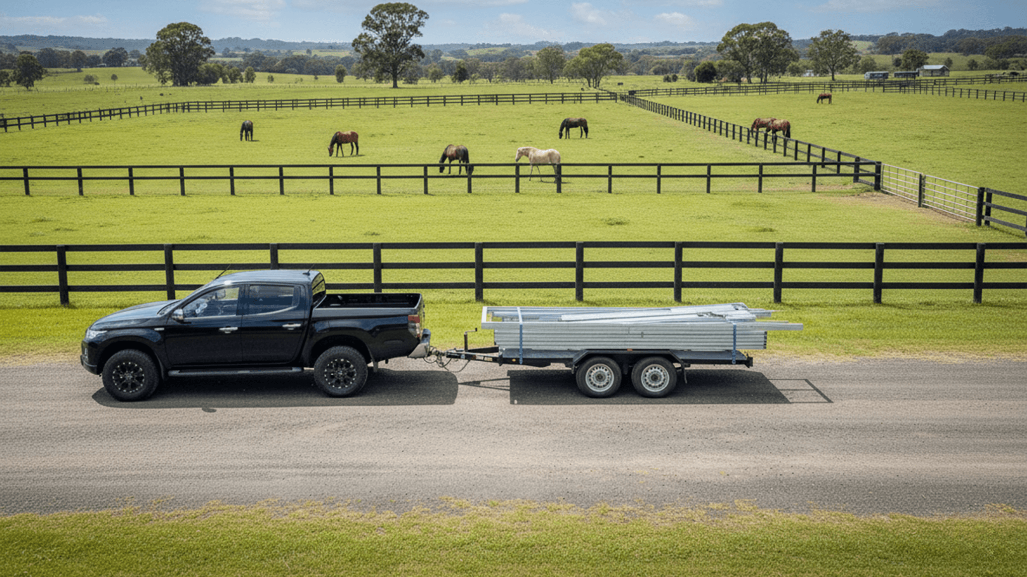 Ute towing trailer with flat pack stable on country road, horses in paddock.