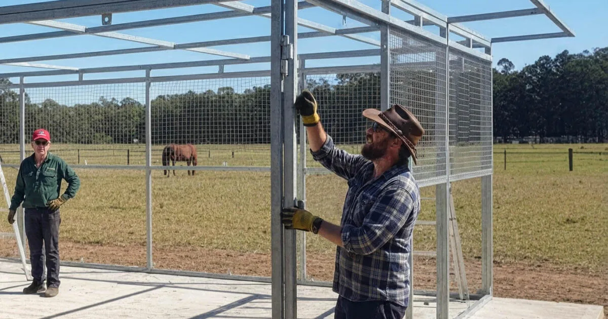 a DIY Install team assembling outdoor stable frame structure on farm.