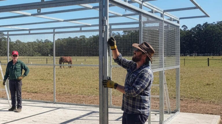 a DIY Install team assembling outdoor stable frame structure on farm.