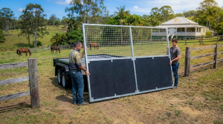 Men assembling a trailer gate on farm.