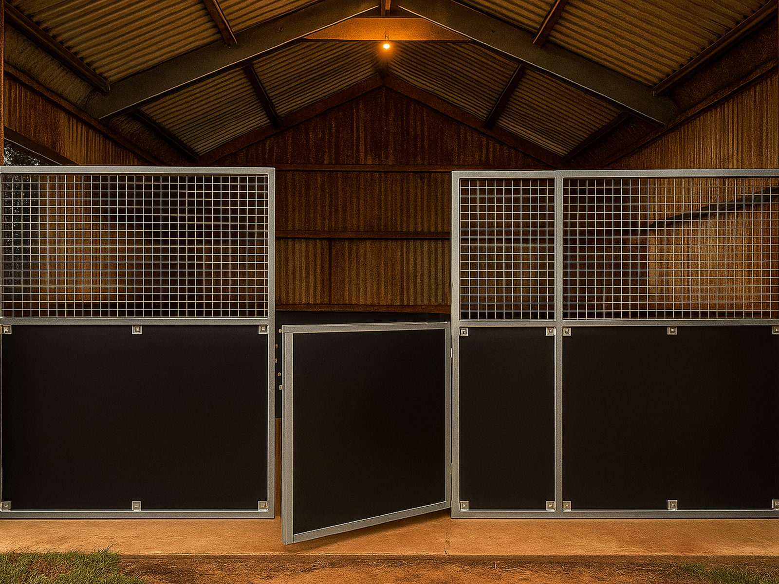 Open barn door with metal grid panels.