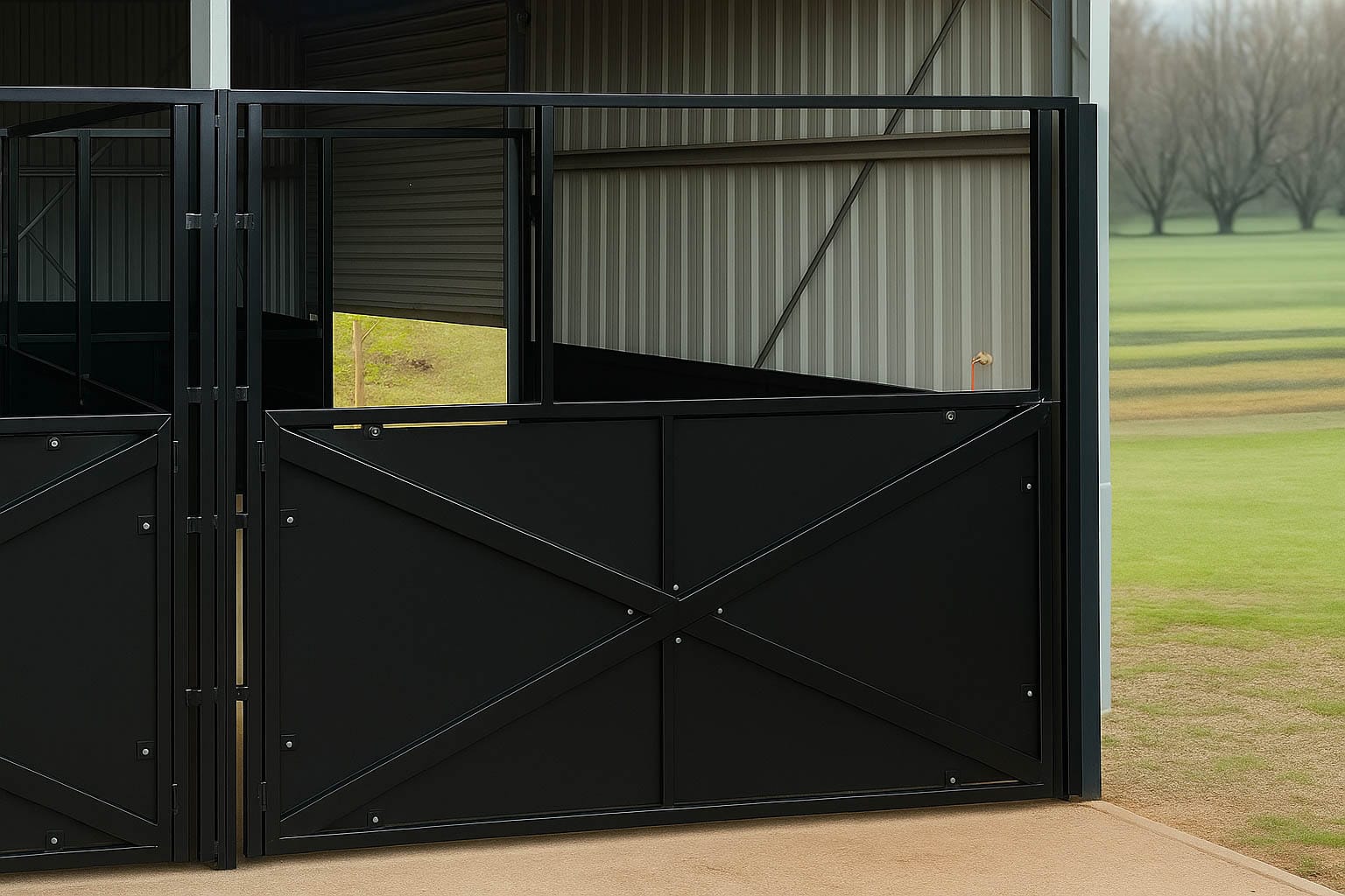 Modern black shed gate with green field backdrop.