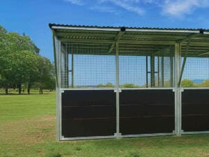 Outdoor kennel with mesh fencing in grassy field.