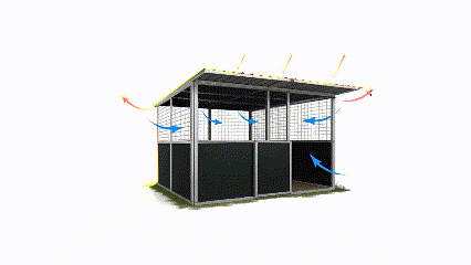 Horse stable design with ventilation arrows shown