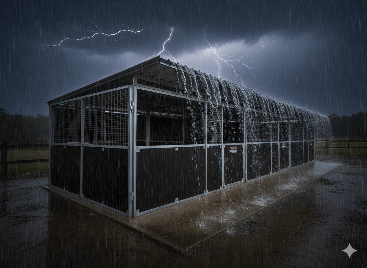 Heavy rain on shed with lightning in background.