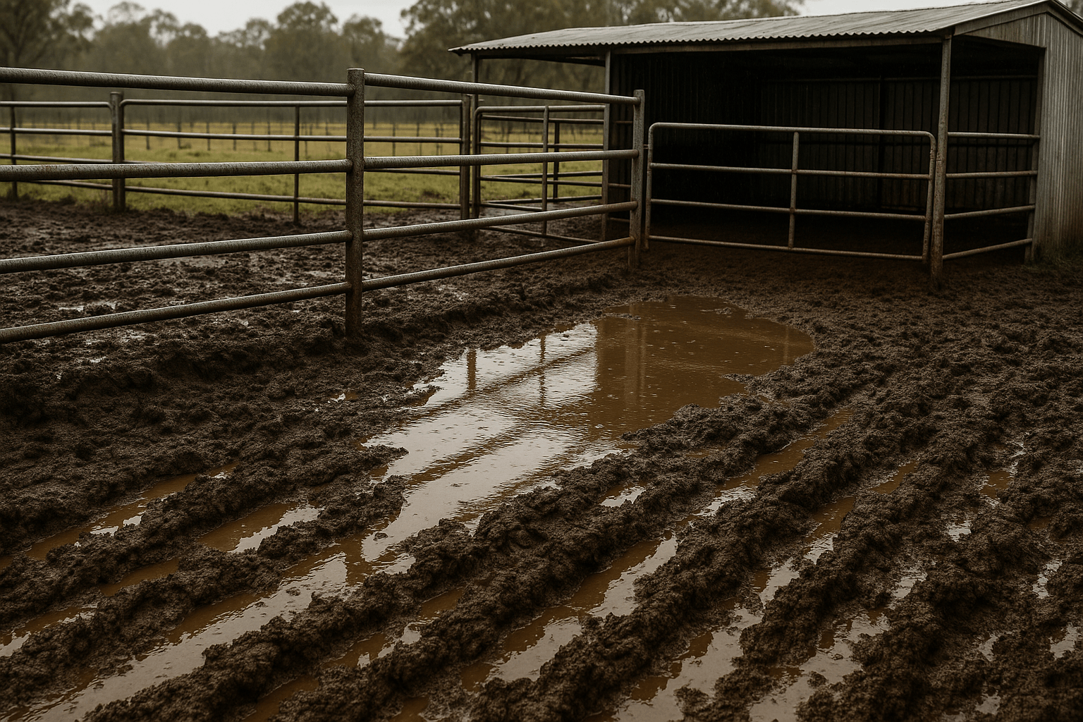 Muddy paddock with puddles at Australian farm.