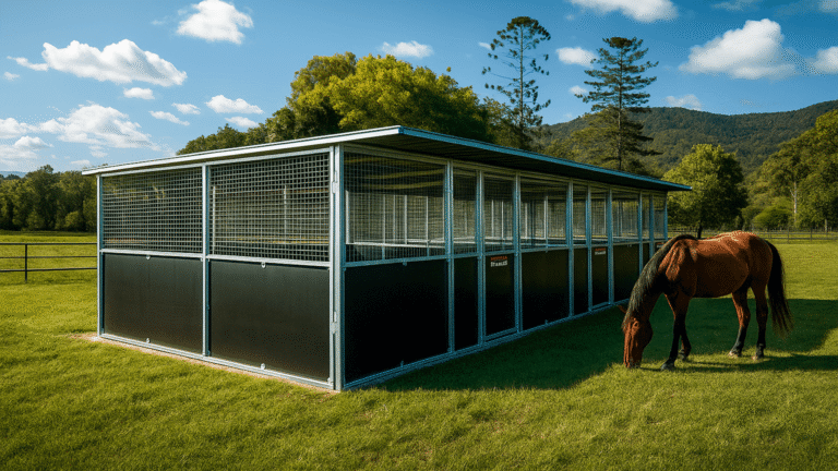 Horse grazing beside modern outdoor stable.