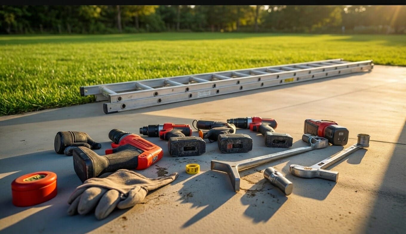 Outdoor tools and ladder on concrete surface.