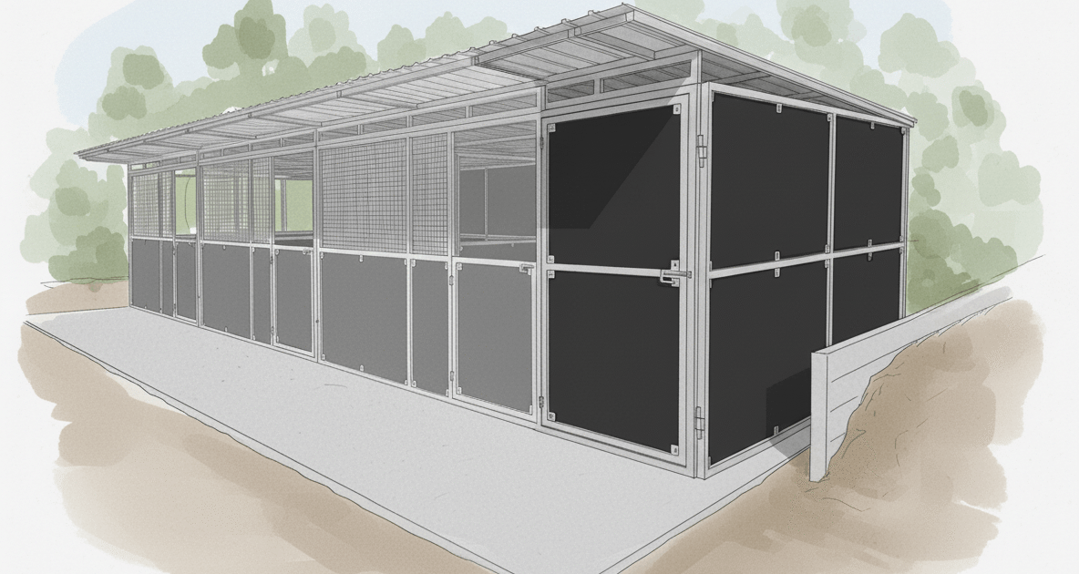 Illustrated view of a 4-bay modular steel horse stable with Integrated tack room highlighted.