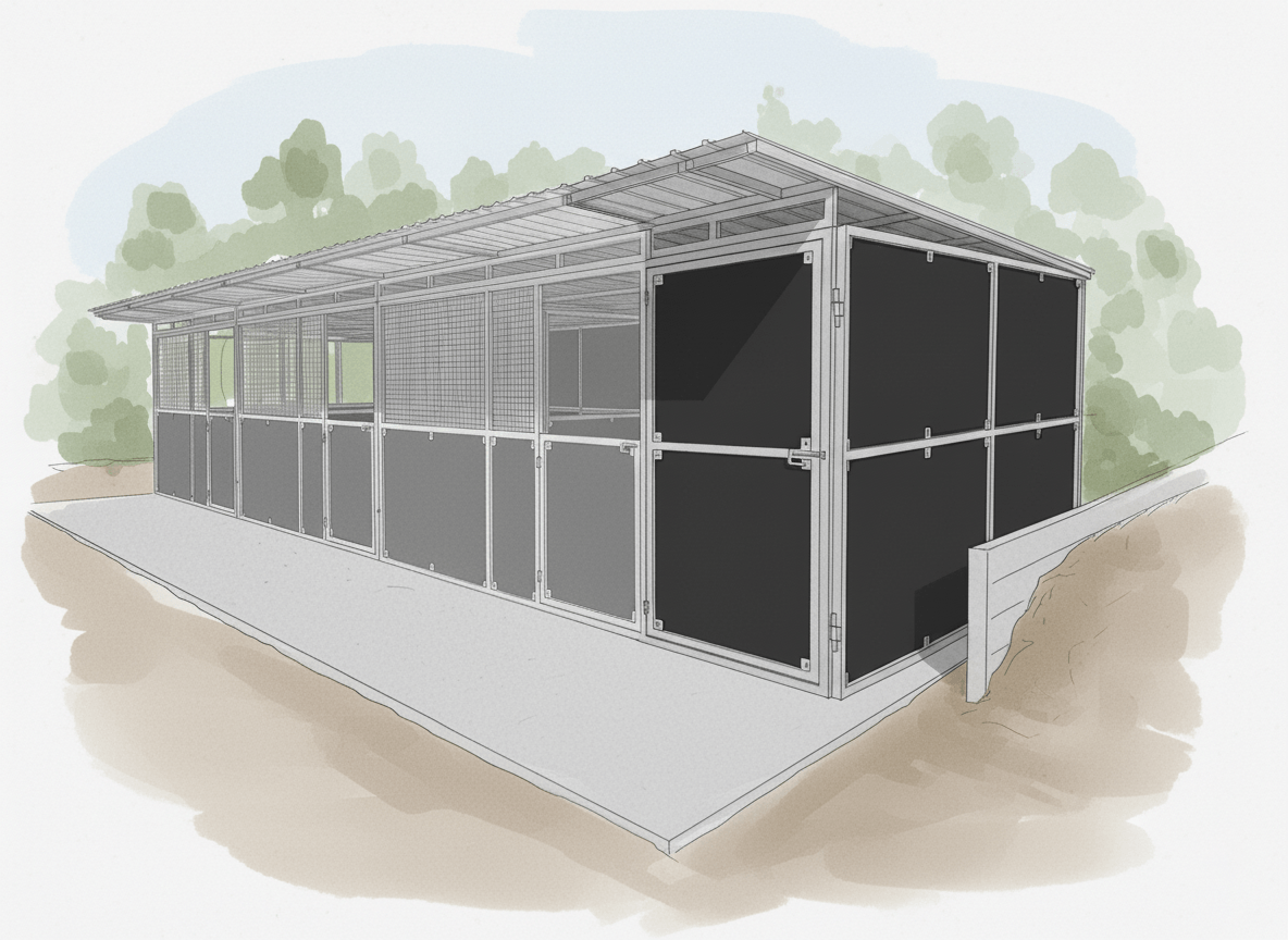 Illustrated view of a 4-bay modular steel horse stable with Integrated tack room highlighted. 