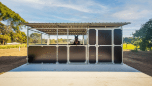 Horse in a paddock shelter on a sunny day.