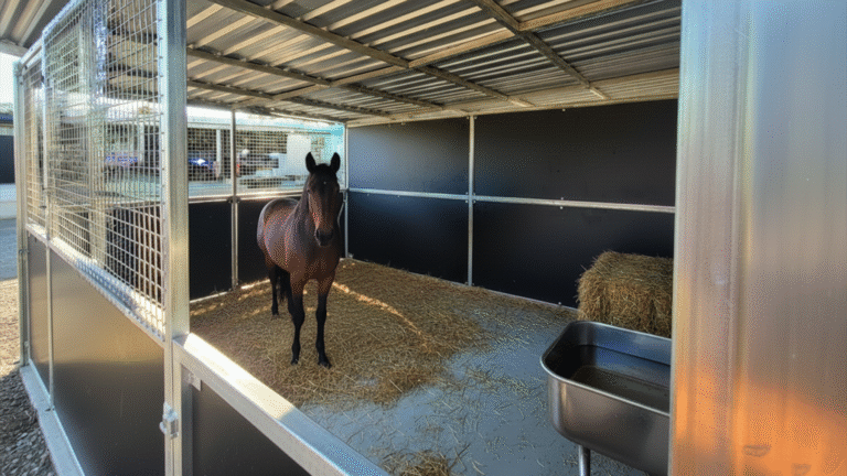 Horse in stable with hay and water trough.