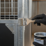 Gloved hand painting stell stable frame with paintbrush and a can of duragal.