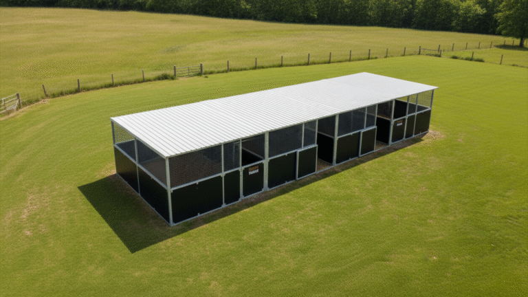 Long stable building on grassy field
