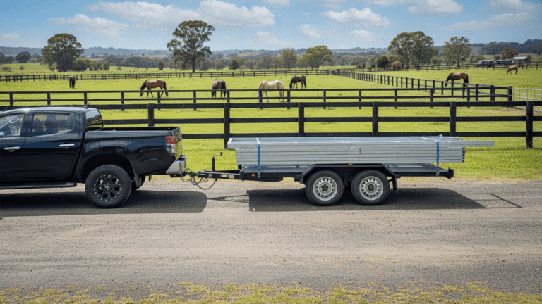 Ute with trailer carrying DIY Flatpack Stable kit near horse paddock.