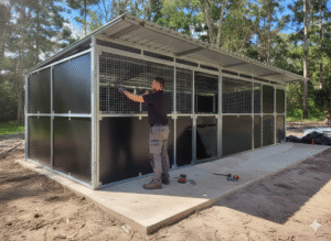 Man constructing outdoor animal shelter with black panels.