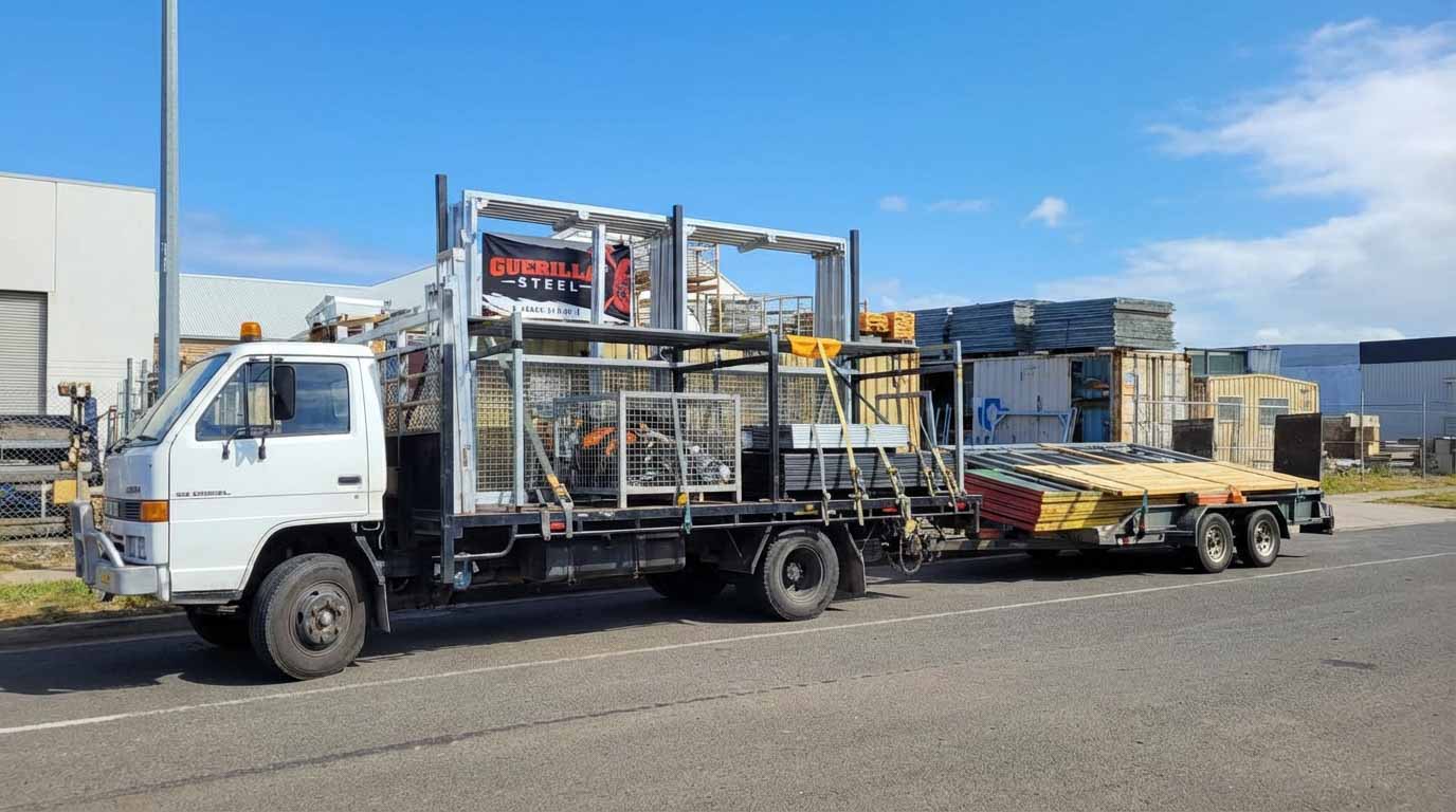 Truck loaded with welded steel stable frames outside the Guerilla Steel workshop in Yatala, showing Australian-made construction ready for delivery.