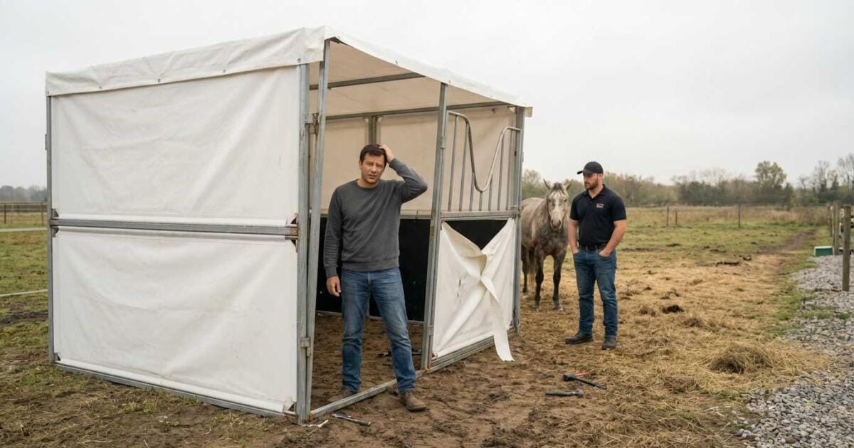 Two men inspect a damaged portable stable made from thin metal and fabric panels, showing alignment and material issues typical of cheap imported kits.