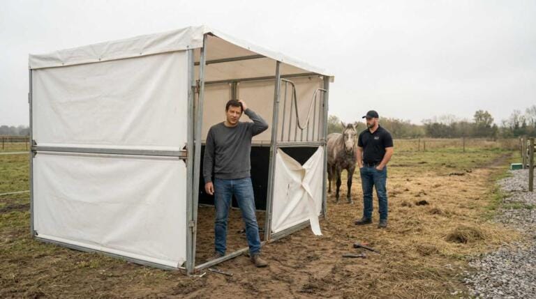 Two men inspect a damaged portable stable made from thin metal and fabric panels, showing alignment and material issues typical of cheap imported kits.