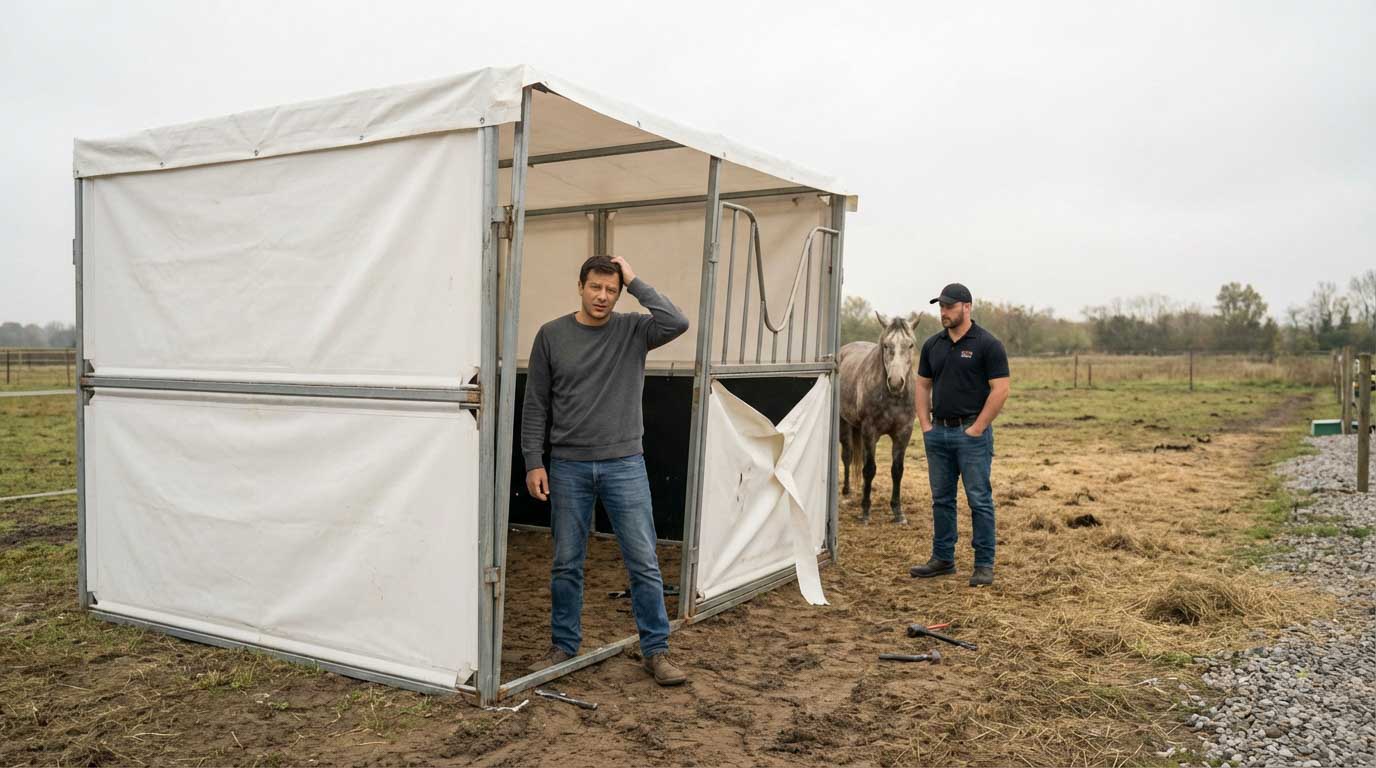 Two men inspect a damaged portable stable made from thin metal and fabric panels, showing alignment and material issues typical of cheap imported kits.