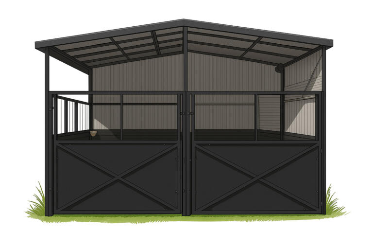 2-stall black stable with Dutch gates and pitched roof