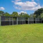 Spacious outdoor animal enclosure in lush green setting.