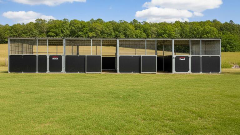 Visualisation wide angle view of 4 Bay Stable installed on grass paddock