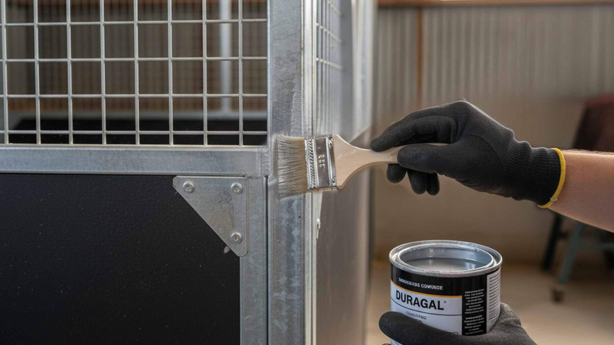 Gloved hand painting stell stable frame with paintbrush and a can of duragal.