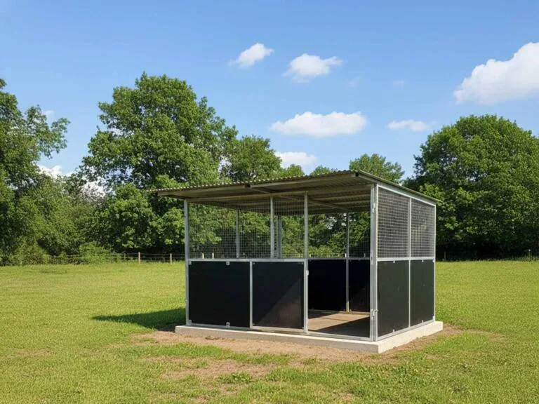 Outdoor animal shelter in grassy field with trees.