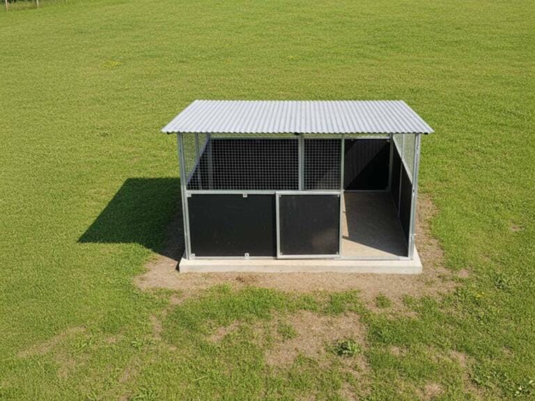 Top-down view of modular horse stable placed on concrete slab in grass paddock