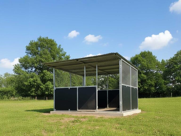 Metal animal shelter in grassy field under clear sky.