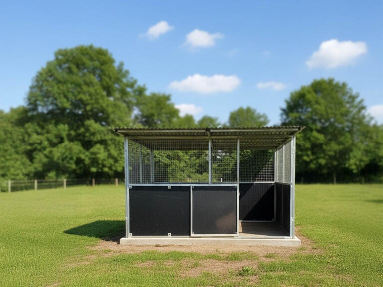 4x4 metre steel horse stable with mesh top and roof overhang on rural paddock
