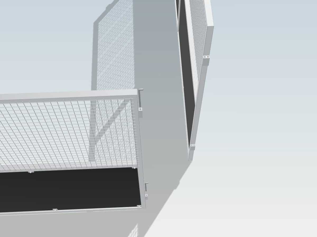 Guerilla Steel Stables standard base stable, 4 × 4 m, ply lower, mesh upper, side panels showing Cattle Pins and sleeve joints