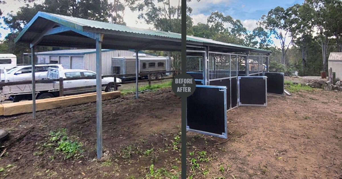 Before and after comparison showing a basic open shelter upgraded with Guerilla Steel’s welded triple-bay stable panels, demonstrating the strength and finish of a local Australian retrofit.