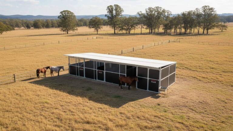 Aerial Visualisation of 3 bay stable with low pitch roof upgrade in rural QLD property with horses grazing near by