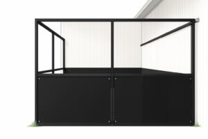 Modular black steel stable panel with half-height walls and open top