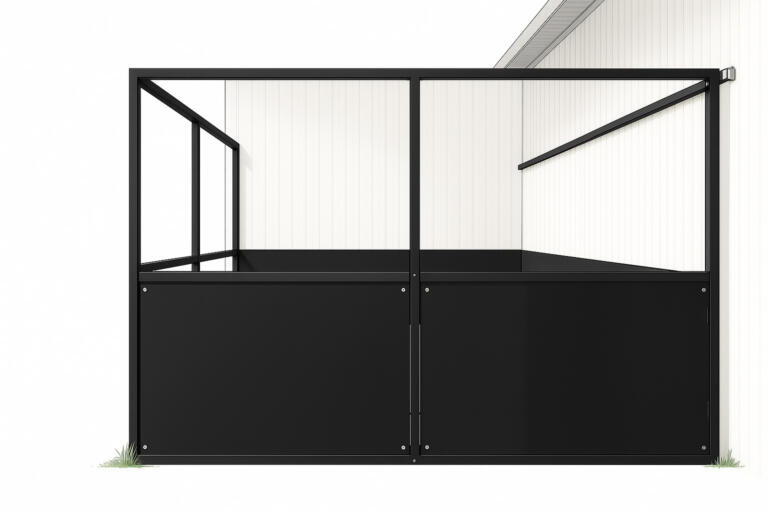 Modular black steel stable panel with half-height walls and open top