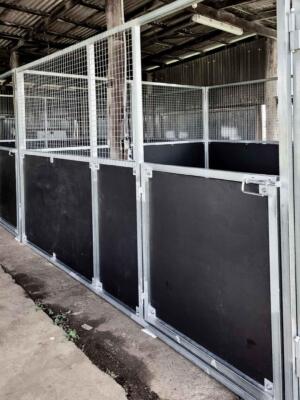 Metal animal pens in a barn setting.
