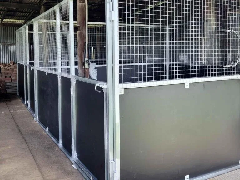 Empty horse stables with metal fencing indoors.