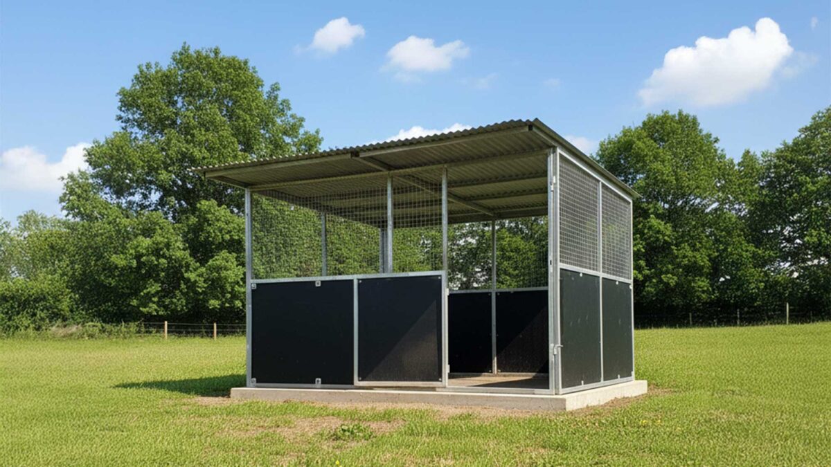 4m x 4m standalone stable on concrete slab with mesh top panels and overhanging roof.
