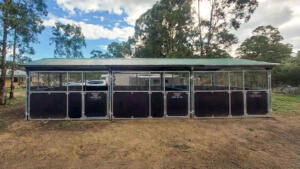 Horse stables retrofit pergola-stable conversion with three bays and reinforced structural joints, photographed on-site in Caboolture .