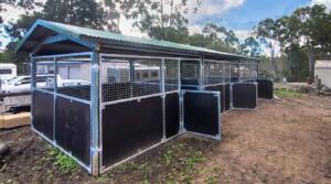 Wide exterior shot of completed triple bay retrofit pergola-stable conversion, combining original structure with new steel framework for modern usability.
