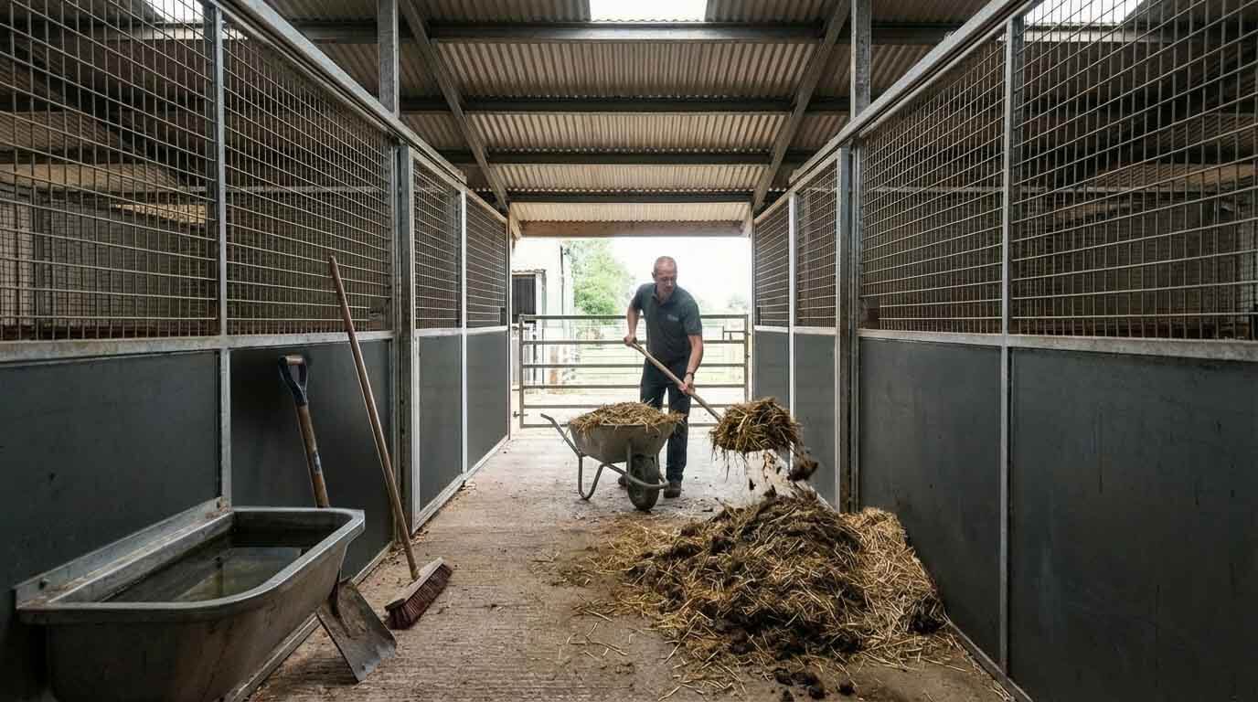 Person mucking out a modular horse stable with a broom and wheelbarrow, maintaining a clean, safe workspace inside a steel-framed barn.