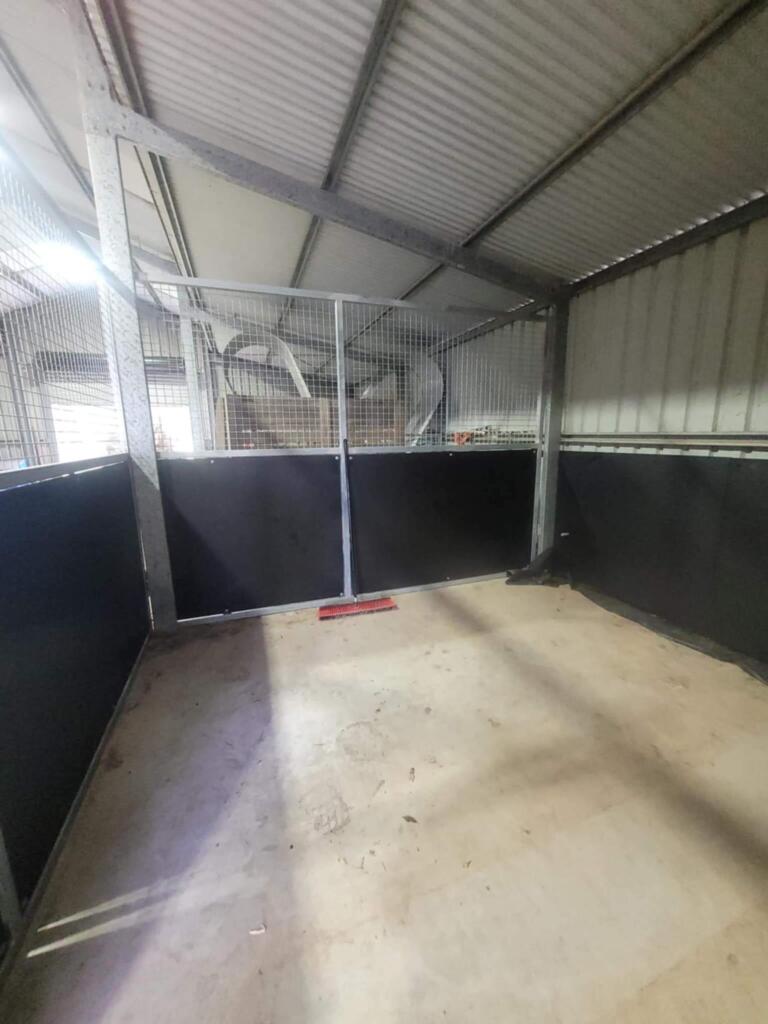 Empty animal pen with metal fencing in shed.