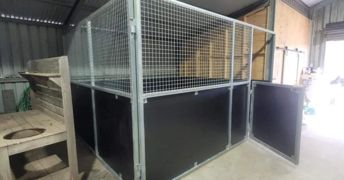Indoor animal pen with metal fencing in shed