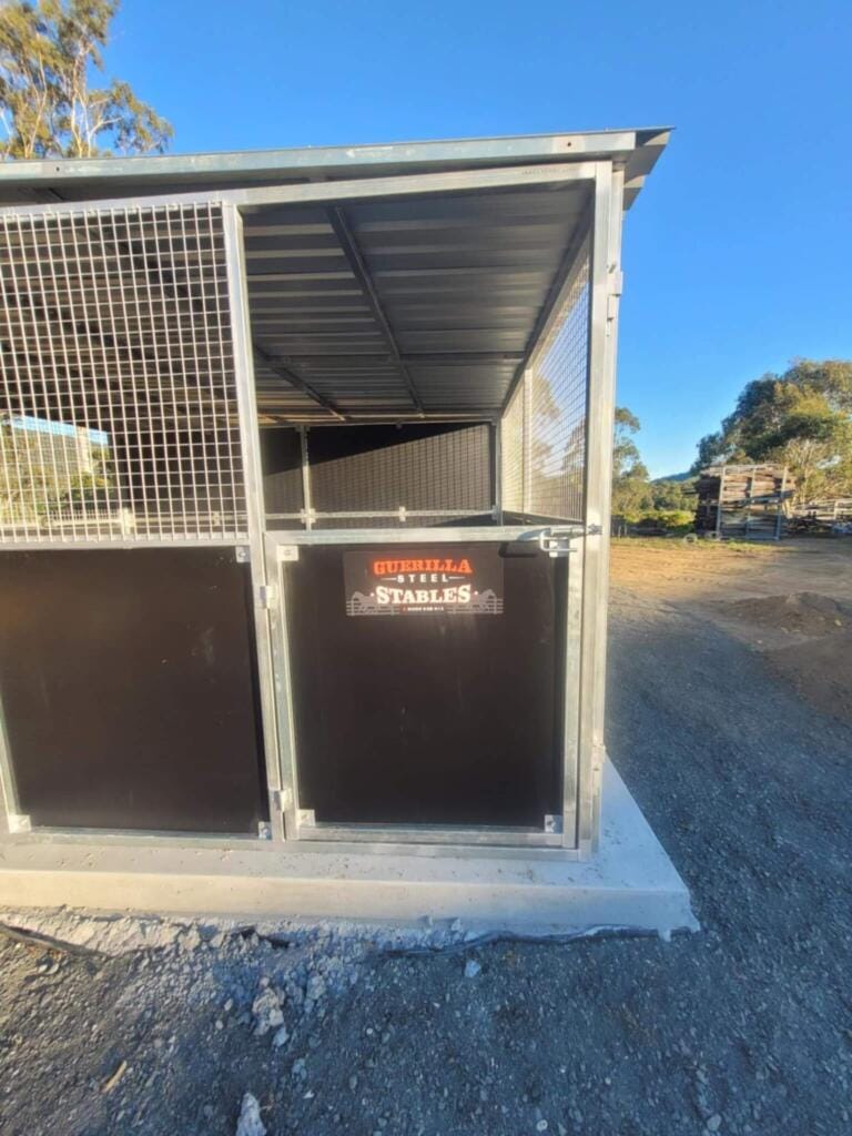Steel horse stable under sunny sky