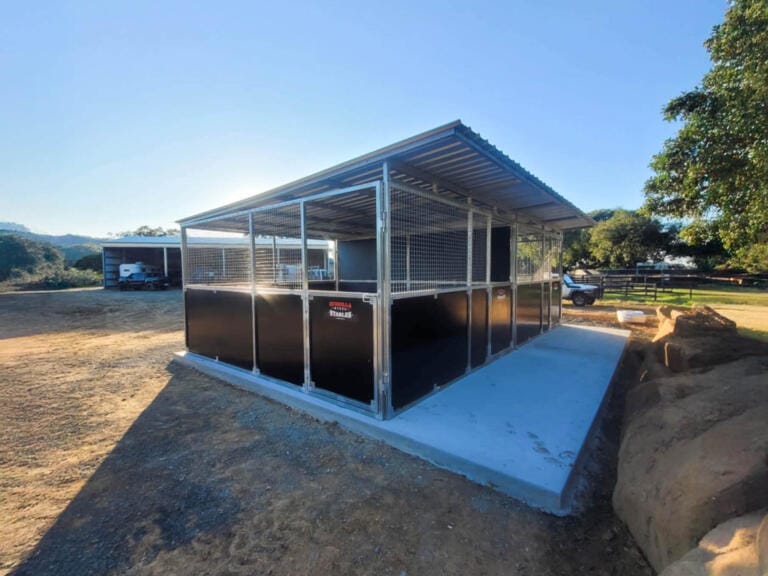 Outdoor horse stable with metal frame and mesh walls.