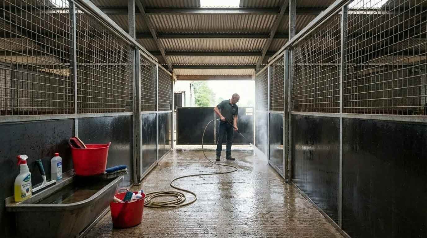 Person pressure washing a horse stable aisle with galvanised panels and rubber mat flooring during routine cleaning.